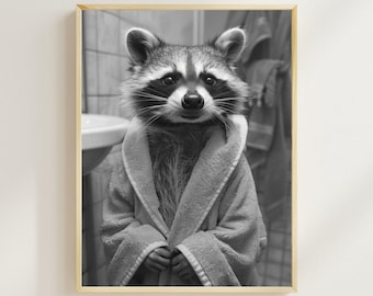 Funny Raccoon Bathrobe Print, Quirky Bathroom Wall Art (Digital Download)