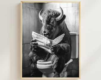 Bison Sitting on the Toilet Reading a Newspaper, Funny Bathroom Wall Decor, Animal Humor Print, Vintage Animal Print, Bathroom Humor, AI Art