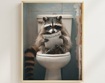 Funny Raccoon Bathroom Print, Toilet Newspaper Art (Digital Download)