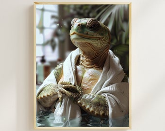 Turtle in Bathrobe Art Print, Humorous Animal Bathroom Decor (Digital Download)