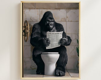 Funny Gorilla on Toilet Print, Newspaper, Bathroom Humor (Digital Download)