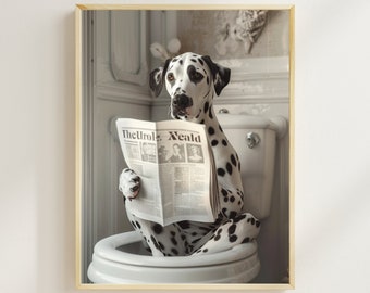 Funny Dalmatian Bathroom Print, Dog on Toilet Newspaper Art