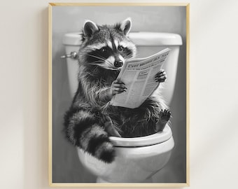 Raccoon Sitting on the Toilet Reading a Newspaper, Funny Bathroom Wall Decor, Funny & Quirky Animal Print, Home Printables, AI Digital Art