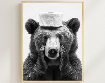 Badkamerkunstprint grappige beer, toiletpapier op kop (digitale download)