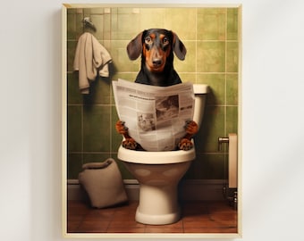 Dachshund Bathroom Print, Funny Dog on Toilet, Newspaper Art (Digital Download)