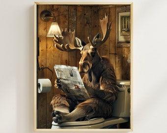 Moose on Toilet Newspaper Print, Funny Bathroom Humor (Digital Download)