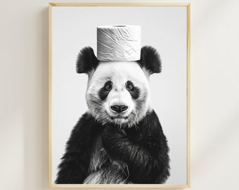 Funny Panda Bathroom Print, Toilet Paper Hat, Whimsical Animal Art