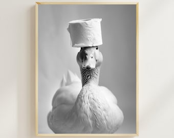 Funny Duck Bathroom Print, Toilet Paper Hat, Animal Humor (Digital Download)