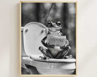Funny Frog Bathroom Print, Reading Newspaper on Toilet (Digital Download)