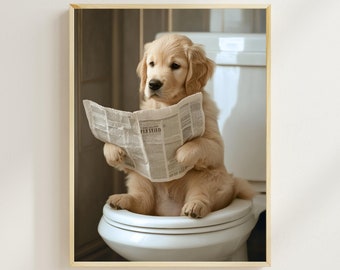 Golden Retriever Sitting on the Toilet Reading a Newspaper, Funny Dog Bathroom Wall Decor, Funny Puppy Print, Home Printable, AI Digital Art