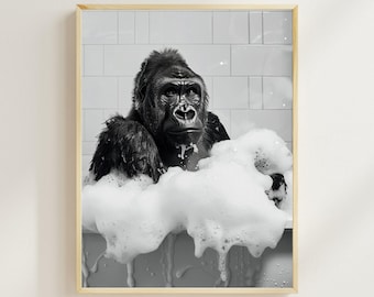 Funny Gorilla Bubble Bath Print, Bathroom Animal Wall Art (Digital Download)