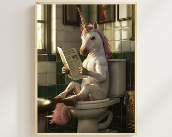 May include: A white unicorn with a pink mane and tail sits on a white toilet in a bathroom. The unicorn is wearing brown boots and reading a newspaper titled "The Crossroads" with the headline "New Printing Press".