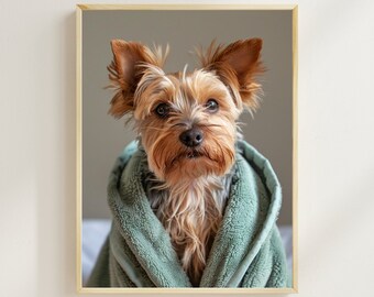 Yorkshire Terrier in Bathrobe, Funny Dog Bathroom Art (Digital Download)