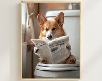 May include: A brown and white corgi dog sits on a white toilet seat and reads a newspaper titled "Vauxhall".