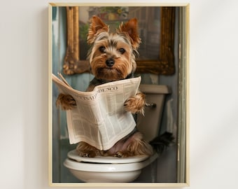 Funny Yorkshire Terrier Bathroom Print, Dog Reading Newspaper (Digital Download)