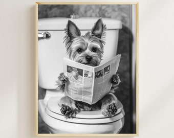 Yorkie Dog Newspaper Art, Funny Bathroom Print (Digital Download)