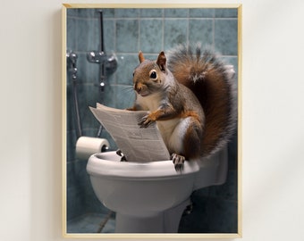 Funny Squirrel Bathroom Print, Toilet Newspaper Art (Digital Download)