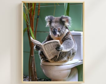 Impresión divertida de un koala en el baño, leyendo el periódico, arte animal caprichoso (descarga digital)