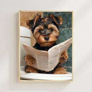 Yorkshire Terrier Sitting on the Toilet Reading a Newspaper, Funny Bathroom Wall Decor, Dog Humor Prints, Cute Puppy Photo, Digital AI Art