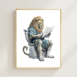 Lion Sitting On The Toilet Reading A Newspaper, Funny Animal Print, Funny Bathroom Wall Decor, Toilet Prints, Bathroom Humour, Quirky Art