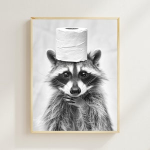 Raccoon With a Toilet Paper Roll on the Head, Printable Bathroom Art, Funny Bathroom Wall Art, Vintage Animal Photo, Raccoon Humor AI Print