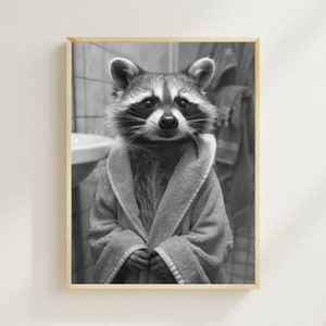 Raccoon in a Bathrobe, Funny Bathroom Wall Art, Quirky Animal Art, Funny Raccoon in Bath Print, Vintage Raccoon Print, Animal Humor AI Art