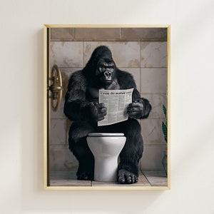 Gorilla Sitting on the Toilet Reading a Newspaper, Funny Animal Print, Wall Decor, Funny Bathroom Humor, Home Printables, AI Digital Art