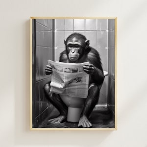Monkey Sitting on the Toilet Reading a Newspaper, Funny Bathroom Wall Decor, Funny Animal Print, Toilet Prints, Bathroom Humour Printables