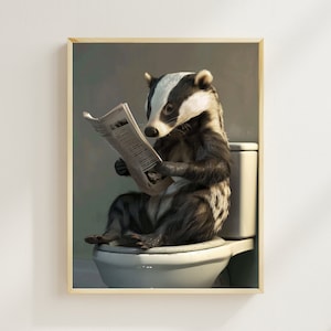 Das zittend op het toilet een krant lezen, grappige badkamermuurdecoratie, badkamerhumor, grappige en eigenzinnige dierenprint, AI Digital Art