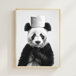 Panda With a Toilet Paper Roll on the Head, Printable Bathroom Art, Funny Bathroom Wall Art, Vintage Animal Photo, Panda Humor Print, AI Art
