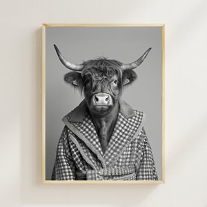 Highland Cow in a Bathrobe, Funny Bathroom Wall Decor, Funny Animal Print, Bathroom Humor, Quirky Cow in Bath Print, AI Digital Art