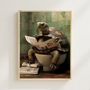 Turtle Sitting on the Toilet Reading a Newspaper, Funny Bathroom Wall Decor, Animal Humor Prints, Funny Animal Print, Bathroom Humor, AI Art