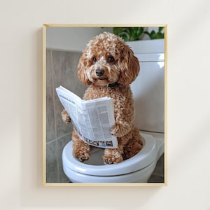 Cockapoo Sitting on the Toilet Reading a Newspaper, Funny Bathroom Wall Art, Animal Prints, Funny Dog Photo, Home Printables, AI Digital Art
