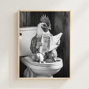 Chicken Sitting on the Toilet Reading a Newspaper, Funny Animal Print, Wall Decor, Funny Bathroom Humor, Vintage Home Prints, AI Digital Art