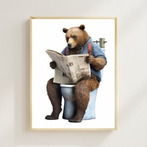 Bear Sitting on the Toilet Reading a Newspaper, Funny Bathroom Wall Decor, Whimsy Animal Art, Kids Bathroom, Funny Animal Print, AI Print