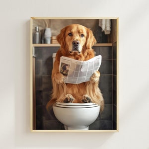 Golden Retriever Sitting on the Toilet Reading a Newspaper, Funny Bathroom Wall Art, Animal Prints, Funny Dog Photography, AI Digital Art