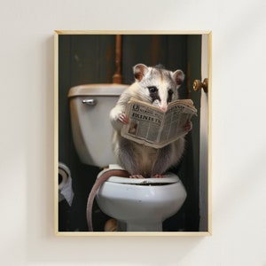 Opossum Sitting on the Toilet Reading a Newspaper, Funny Bathroom Wall Decor, Funny Animal Print, Home Printables, Bathroom Humor, AI Art