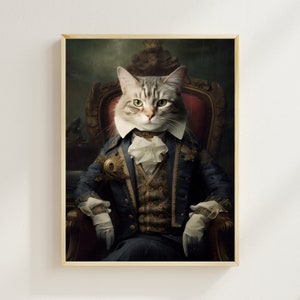 May include: A portrait of a cat dressed in a blue and gold suit with a white cravat, sitting on a red velvet throne. The cat has green eyes and a serious expression.