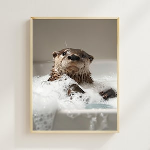 Otter in der Badewanne, Otter im Schaumbad, lustige Tierbadekunst, AI Digitaler Otterdruck, lustige Tierfotografie, Haus-Printables