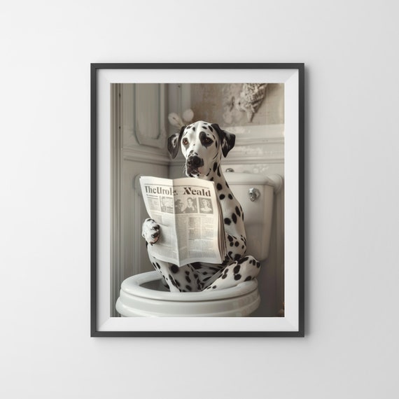 Funny Dalmatian Bathroom Print, Dog on Toilet Newspaper Art