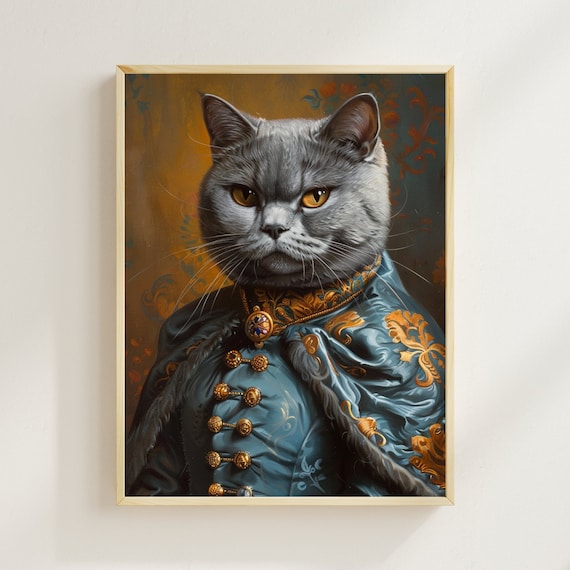 貴族風ブリティッシュショートヘアの猫の肖像画：面白いウォールアート