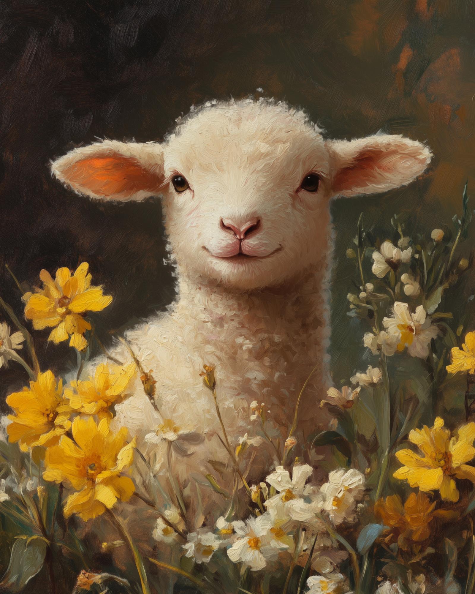 Watercolor Easter Lamb Print, Yellow Wildflowers, Nursery Decor