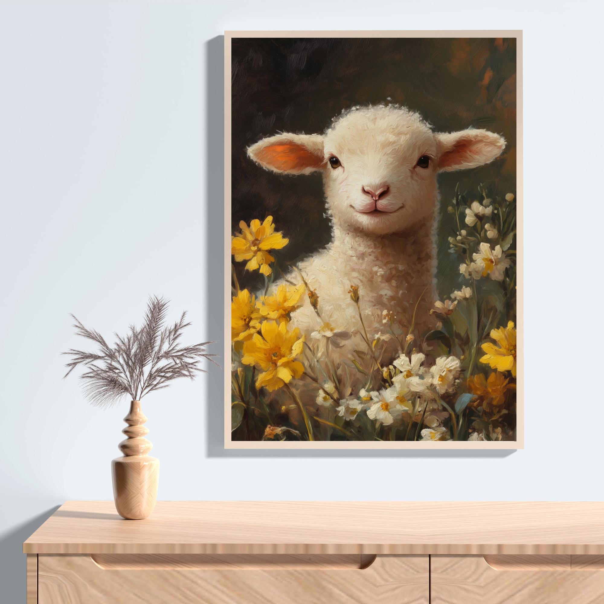 Watercolor Easter Lamb Print, Yellow Wildflowers, Nursery Decor 