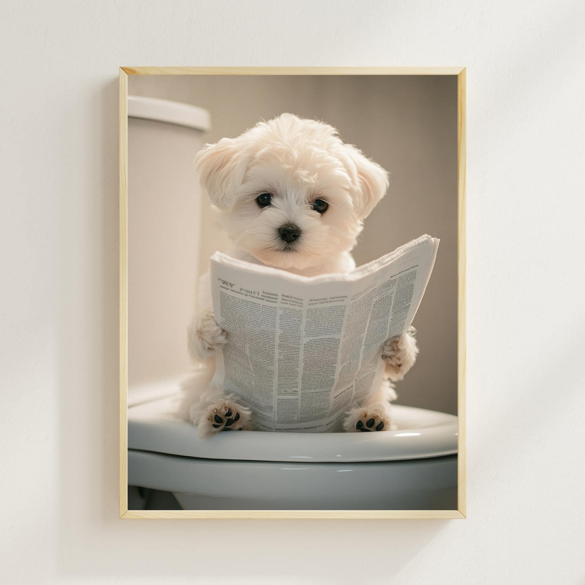 Maltese Puppy Sitting on the Toilet Reading a Newspaper, Funny Dog Bathroom Wall Decor, Funny Animal Print, Home Printables, AI Digital Art