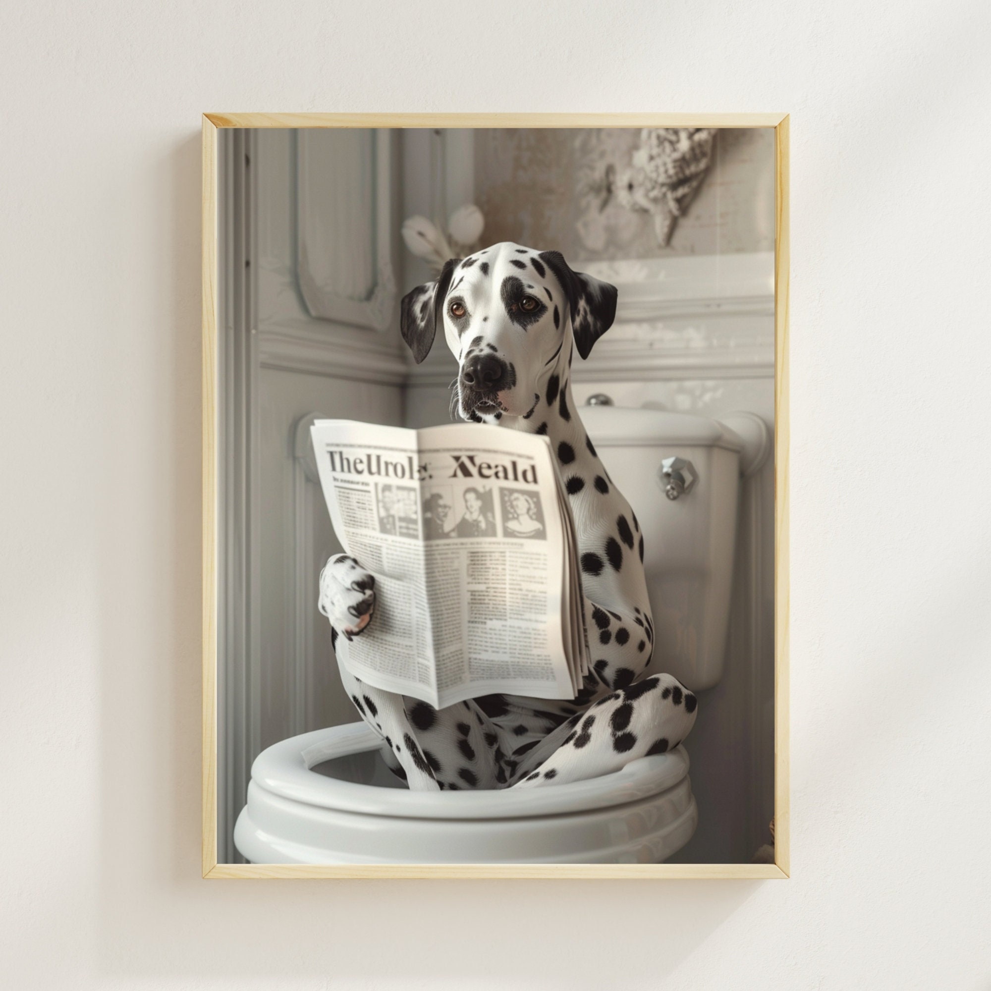 Funny Dalmatian Bathroom Print, Dog on Toilet Newspaper Art