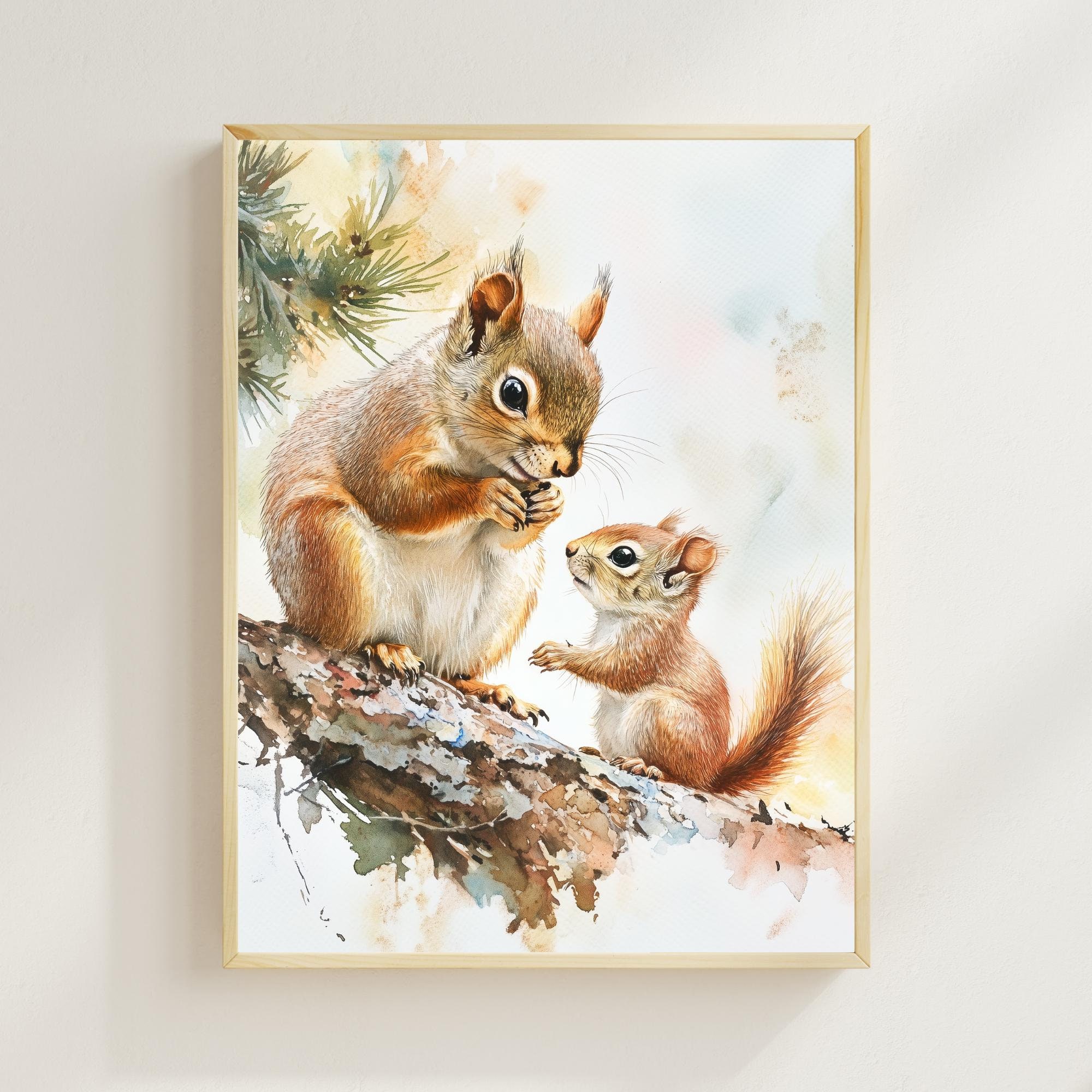リスのお母さんと赤ちゃんの水彩画、森の保育園アート（デジタル