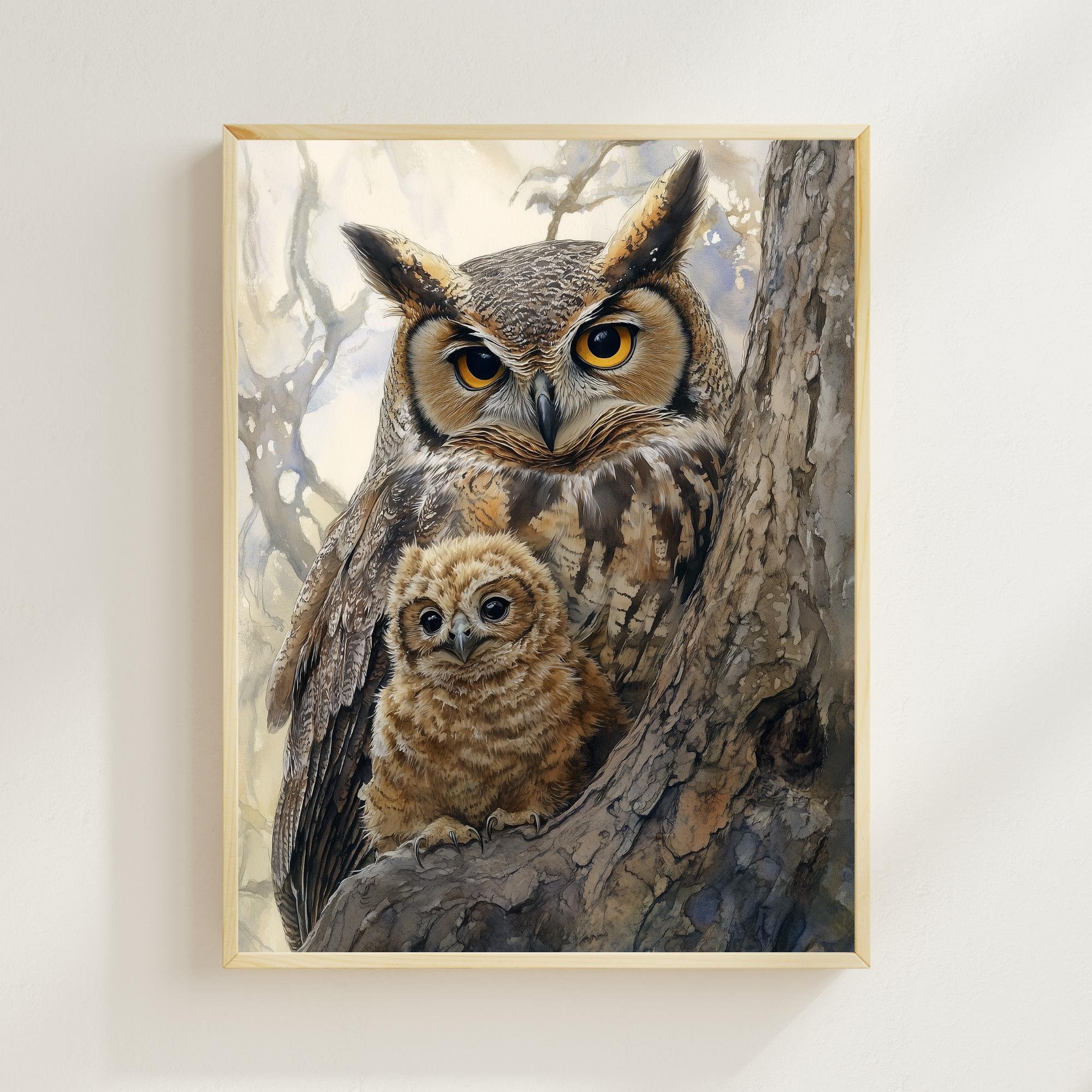 Cute Watercolor Nursery Room Art, Mama Owl and Little Owl Print, Kids Room Decor, Mommy and Me, Beau