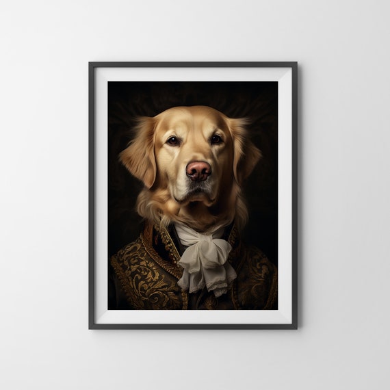 ゴールデンレトリーバー肖像画　木製フレーム 貴族風ゴールデンレトリバーの肖像画、ルネサンス期の犬絵（デジタル