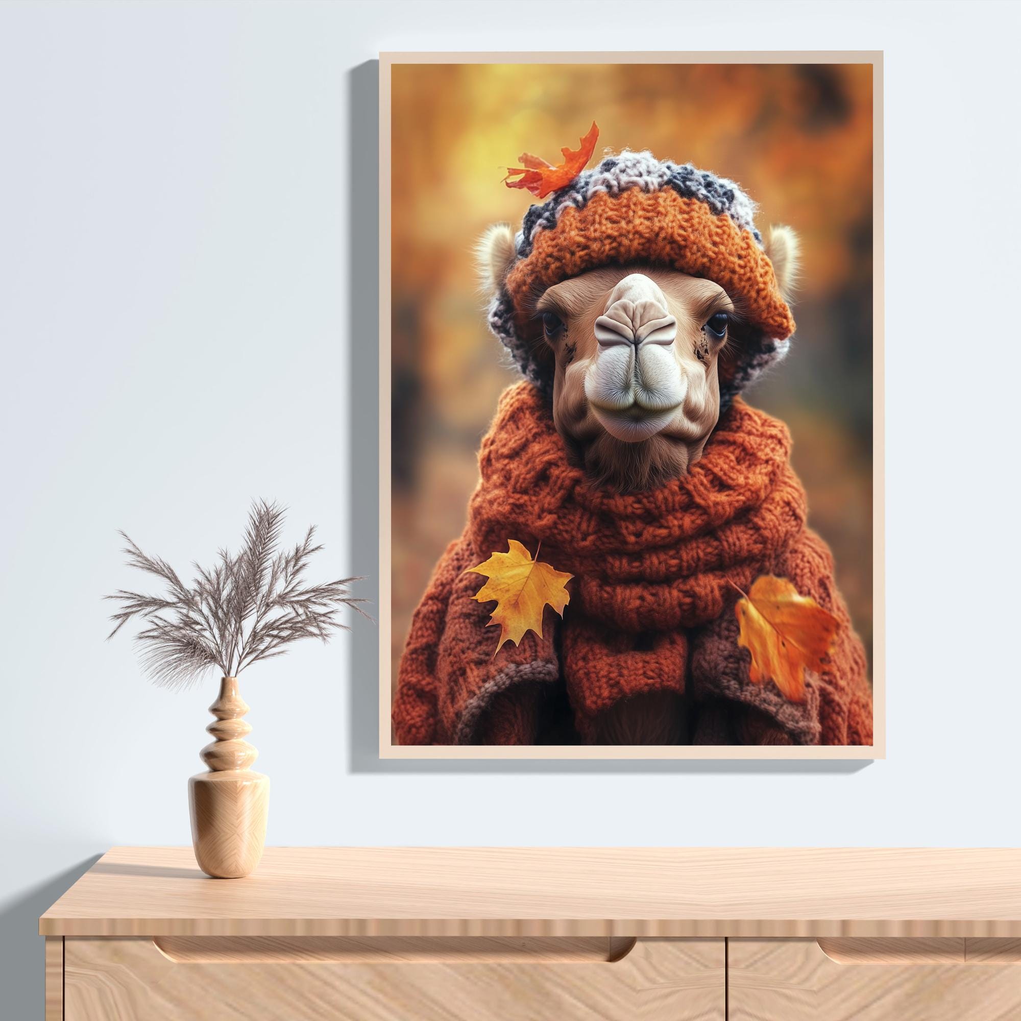 Camel in Fall Clothes Art Print, Cozy Autumn Decor (digital