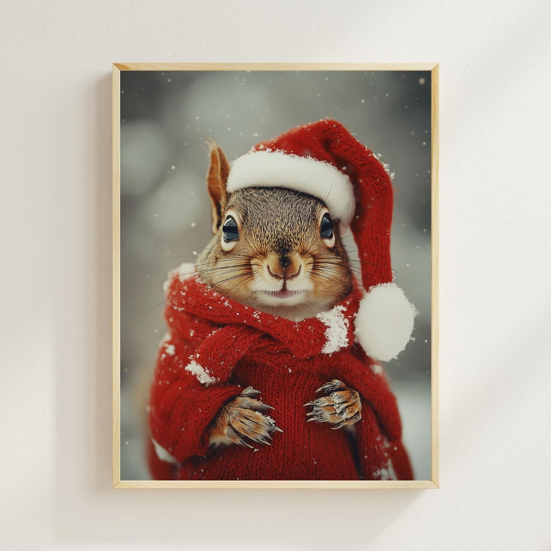 Cute Squirrel Christmas Art, Vintage Holiday Wall Decor, Retro